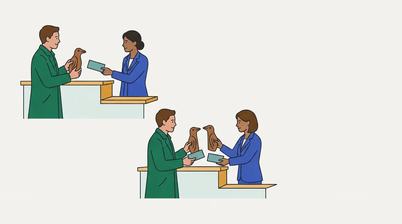 two counter scenes. Above, a man in a green coat holds a carved wooden bird while a woman in a blue jacket, her hair in a bun, hands him a pale teal ticket across the counter. Below, the same man holds his bird and a teal ticket, and a woman in a blue jacket with shoulder-length hair holds a matching carved bird and a ticket of her own; the two birds face each other.