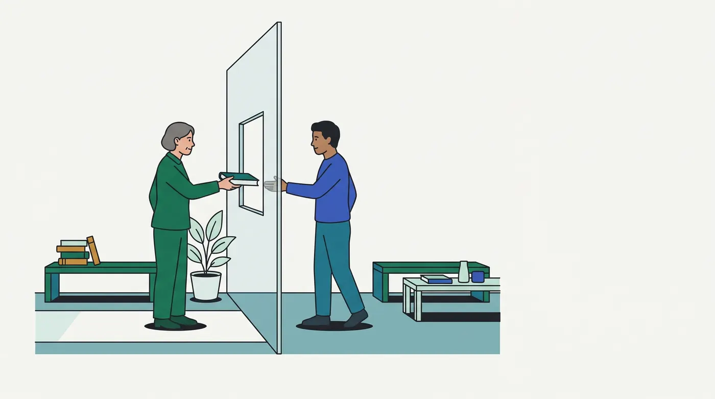two rooms separated by a tall glass partition with a small window cut into it. On the left, a woman in green hands a book through the window; on the right, a man in blue reaches for it. Each room has a bench: the left one holds a stack of books, with a potted plant beside the partition; the right one stands behind a low table with a bottle, a cup and a book.