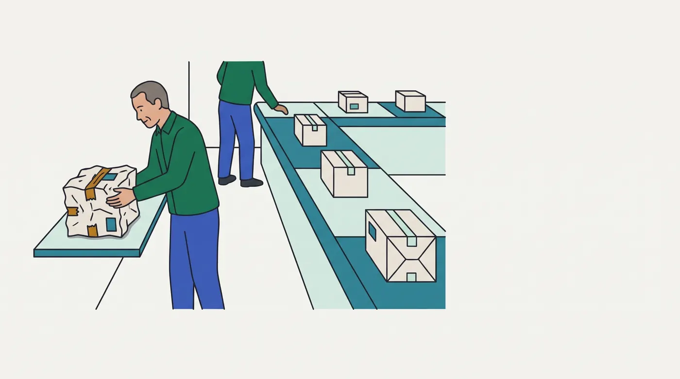 a worker places a repeatedly damaged parcel onto a dedicated review shelf while normal parcels continue through the workshop (the asset map's description).