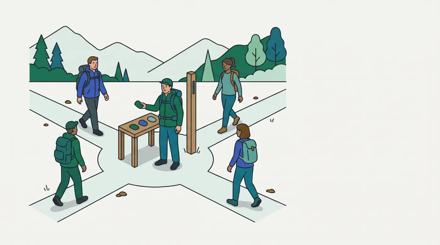 a crossroads of four paths with a checkpoint post at the centre. A guide stands by a table that holds three colored tokens and holds out a fourth. Two hikers (upper left, upper right) walk toward the centre. The two in front walk away from it, backs turned, toward the lower corners. Read each path as an input promise and the checkpoint as the combinator's settle rule. Two hikers leaving is the nearest the image comes to "some inputs have already settled".