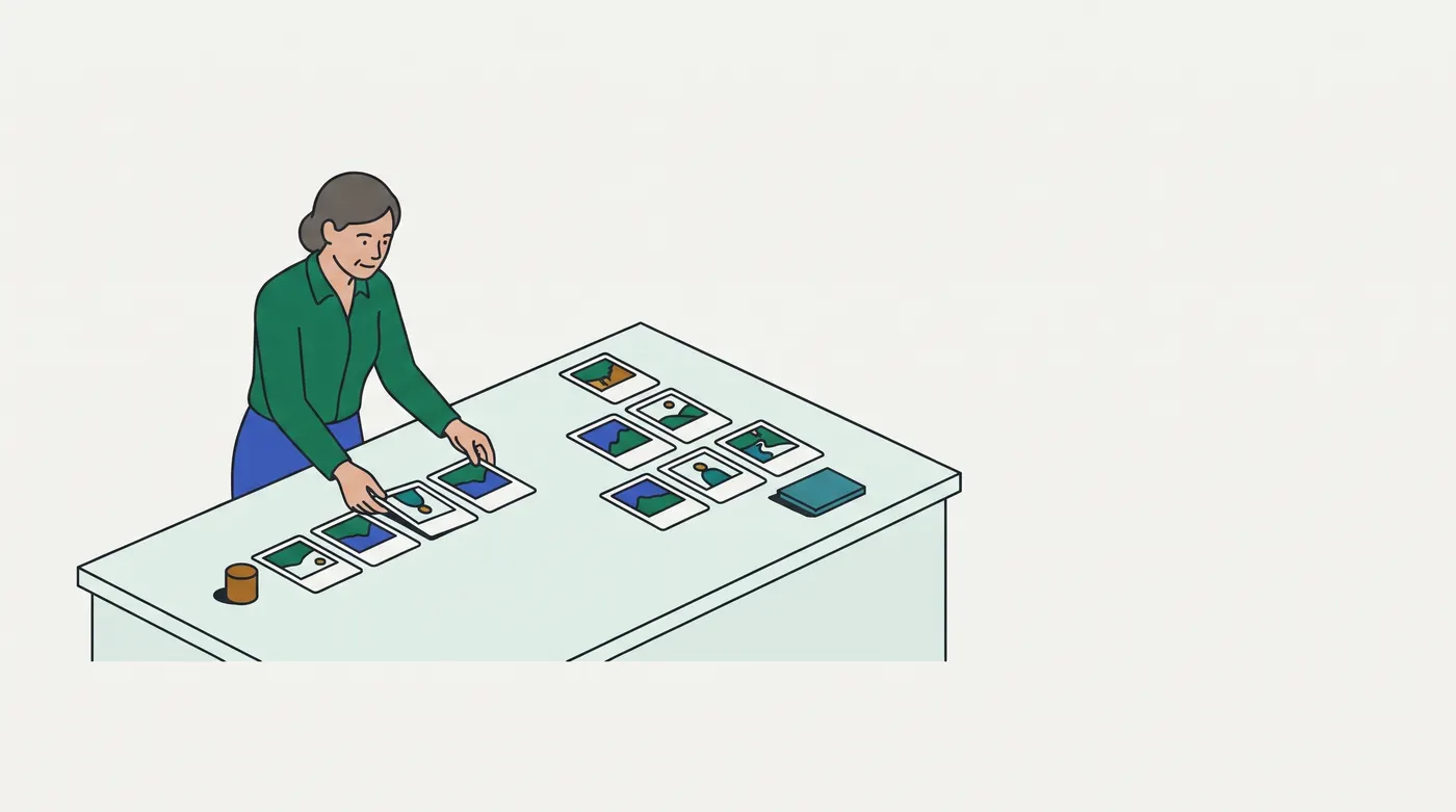 A grey-haired storyteller in a green shirt lays wordless picture cards on a long table: a row of four in front of her and a different arrangement of six beyond it.