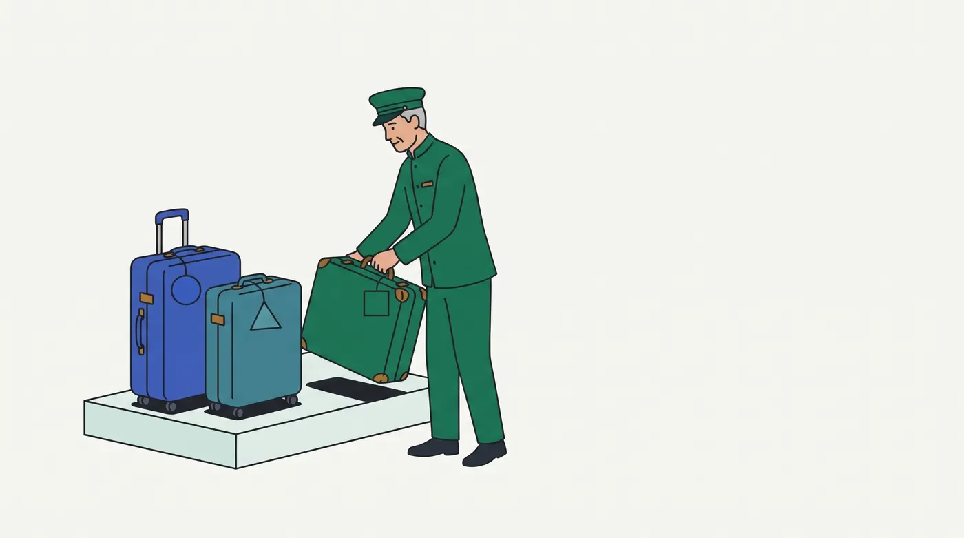 a porter in a green uniform lifts a green suitcase with an outlined square tag off a low platform. A blue suitcase with a solid circle tag and a teal suitcase with an outlined triangle tag still stand on the platform, and a dark empty spot marks where the green case stood. Each tag hangs from its own case.