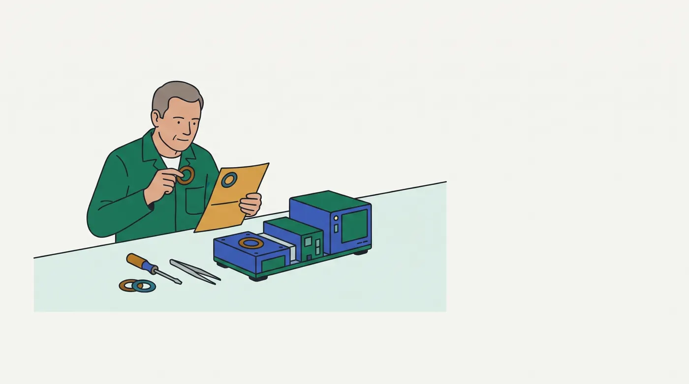 a repairer in a green work jacket sits at a bench and holds a ring-shaped seal up beside a matching ring printed on an orange work order; a blue device on the bench carries a seal on its lid, and spare seals, a screwdriver and tweezers lie in front of it.