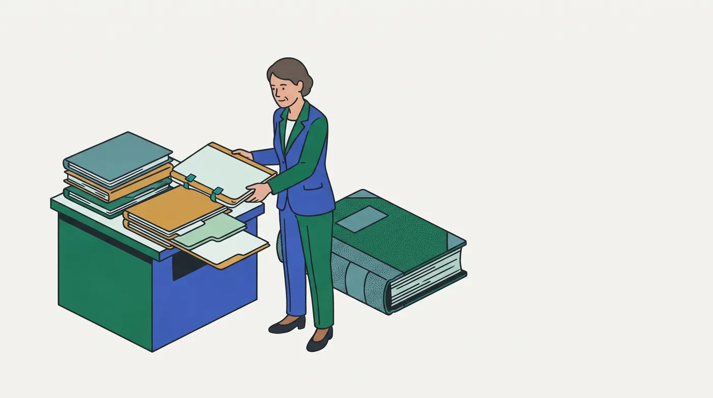 a crowded quick-access desk beside a durable bound archive, while an attendant removes an old optional folder from the desk (the asset map's description).