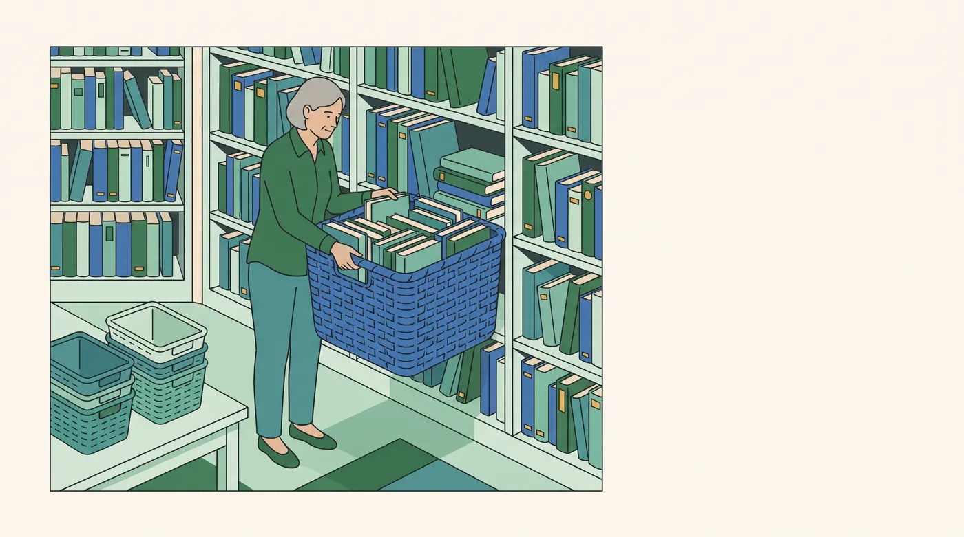 a grey-haired woman in a green shirt, among tall shelves of green and blue books, carries one large blue woven basket full of books. On a table beside her sits a stack of small, empty baskets: one trip with everything, instead of many small ones.