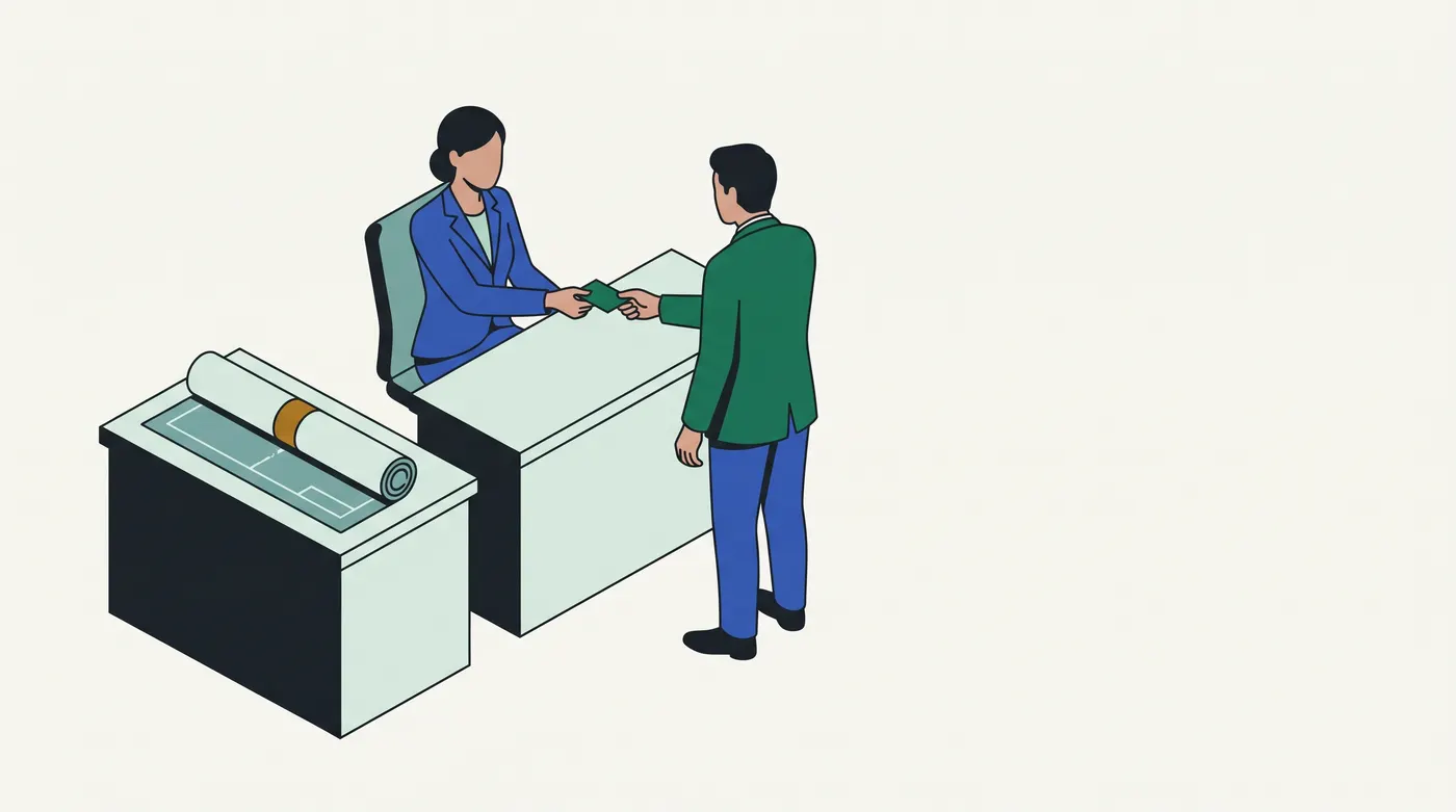 a woman in a blue suit, seated at a desk, takes a small green card from a man in a green jacket standing in front of her. On a separate side desk beside her lies a large sheet with a plan drawn on it, half rolled up and held by a brown band. No text. Read it as: the card is the urgent update she handles now; the half-rolled plan is the Transition, set aside unfinished.