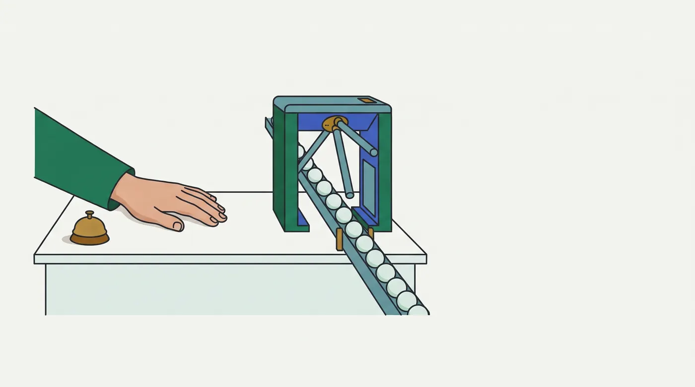 one workbench with two devices. On the left, a hand rests flat beside a desk bell that has not been rung: the pause before a debounce fires. On the right, a turnstile lets a line of balls through one at a time: a metered flow, the throttle.
