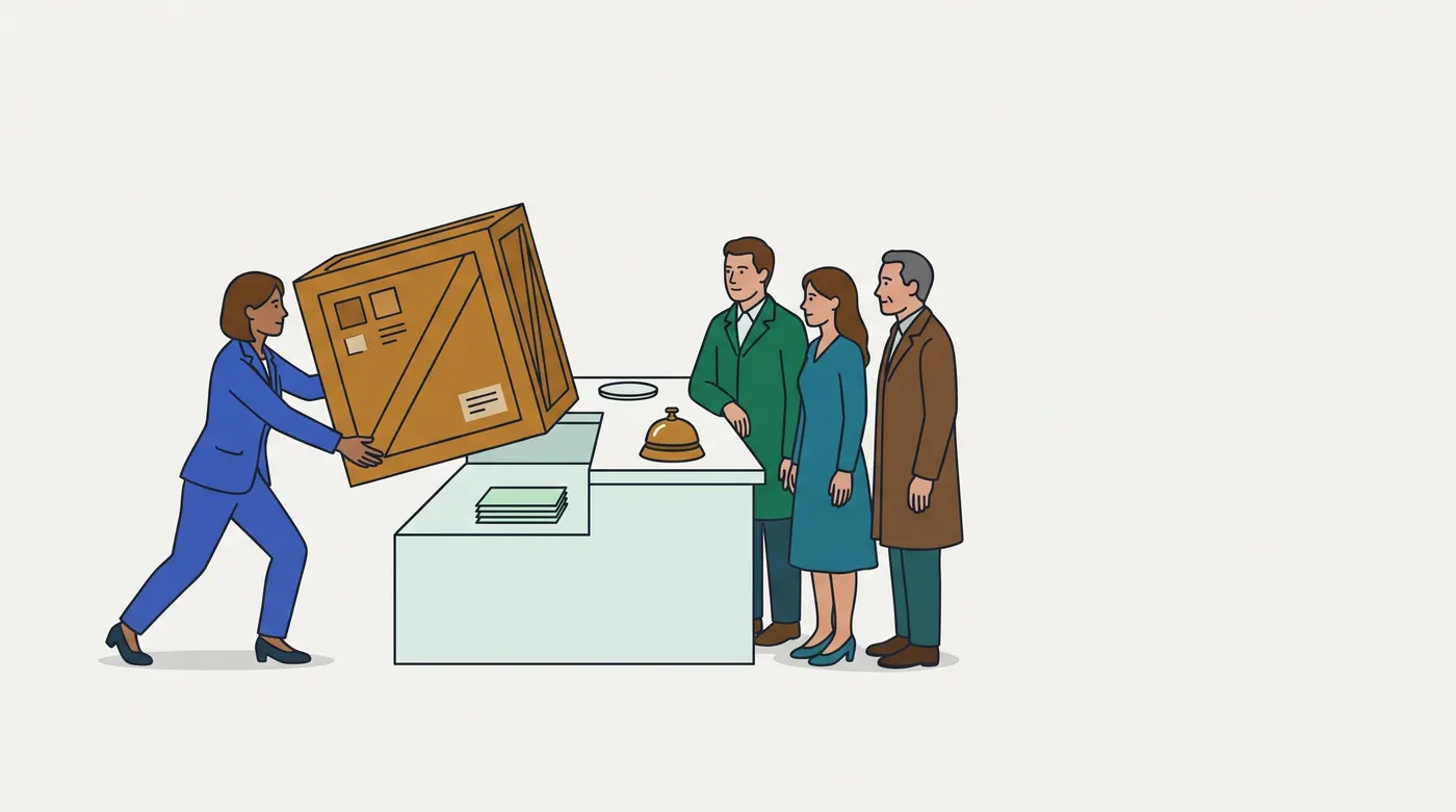 a woman in a blue suit leans into an oversized wooden crate, tilting it onto a pale green reception counter. On the counter sit a brass service bell, a small round dish and a stack of green papers. Three people wait in a line on the other side of the counter: a man in a green coat, a woman in a teal dress and a grey-haired man in a brown coat. Nobody rings the bell. There is no text, and the right third of the canvas is empty.