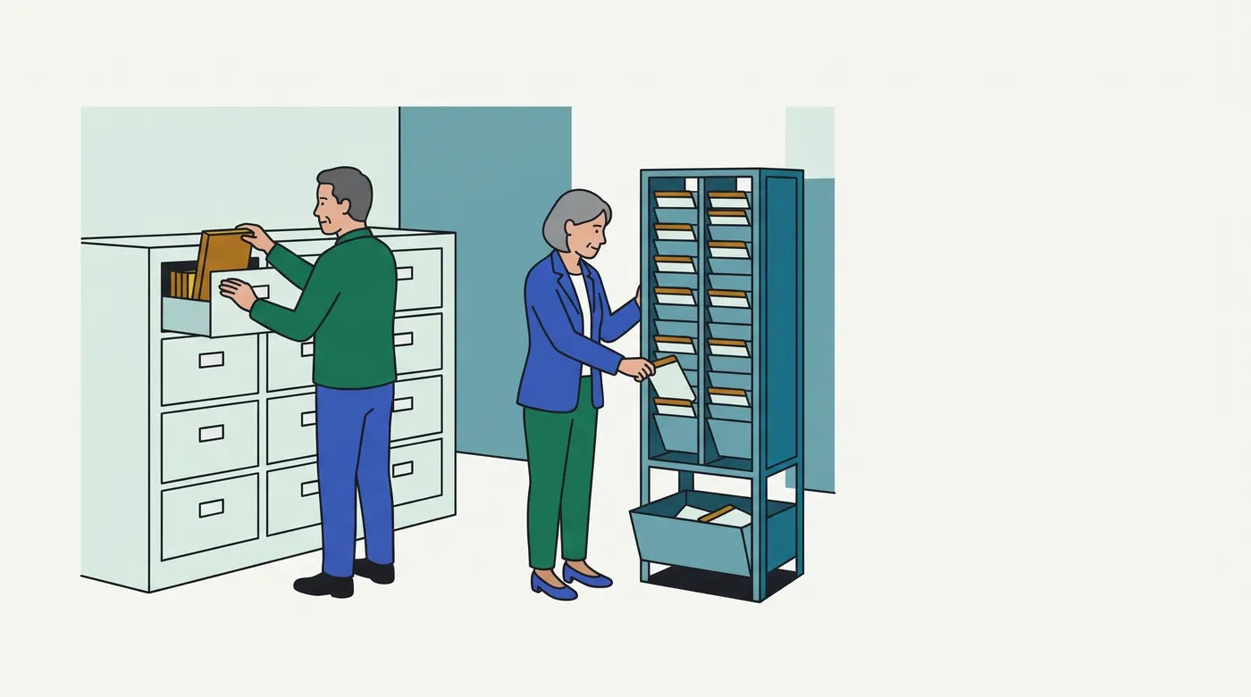 on the left, a grey-haired man in a green jumper stands at an open drawer of a pale filing cabinet, one hand on a brown folder standing in the drawer; on the right, a grey-haired woman in a blue blazer holds a card at one slot of a tall teal pigeonhole rack, with a tray of cards at the rack's foot. The image does not show whether either person is putting something in or taking it out. The lesson's reading: the cabinet is the source, the rack holds the cached copies, the tray holds retired copies.