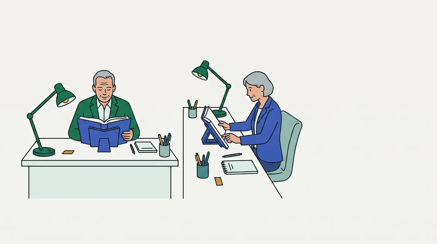 Two grey-haired readers at neighbouring desks: a man in green at the left desk, and a woman in blue at the far end of an angled desk, facing left.