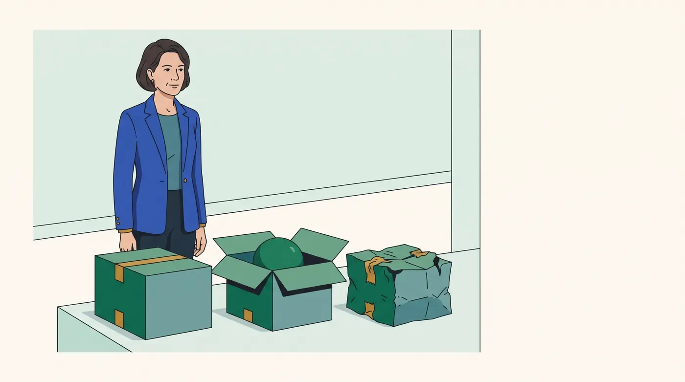 an adult in a blue jacket stands behind a table with three boxes: a sealed, taped box; an opened box holding a smooth green ball; and a crushed, torn box. The right third of the canvas is empty.