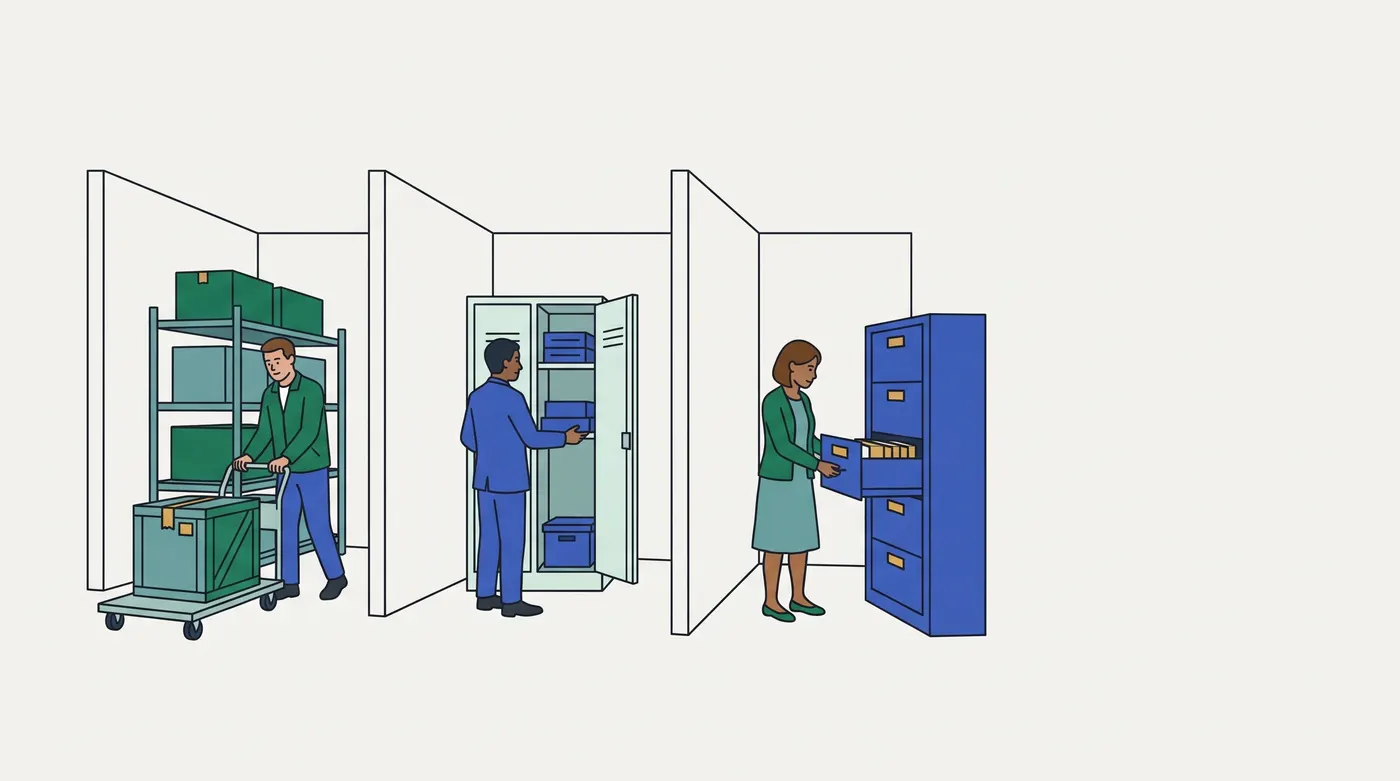 three bays side by side, separated by tall white partition walls, all open to one front aisle. Left: a man in a green jacket pushes a flat trolley carrying a green crate past green shelving stacked with boxes. Middle: a man in a blue suit reaches into an open grey-green locker holding blue boxes. Right: a woman in a green jacket pulls open a drawer of a tall blue filing cabinet holding folders.