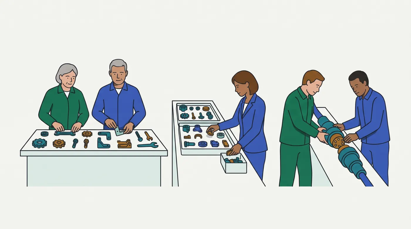 three work stations side by side. On the left, two grey-haired workers in green and blue stand at a long table laid out with fixed parts: gears, spanners, bolts and brackets. In the middle, a woman in a blue suit picks pieces from a rack of trays into a small box. On the right, two men join the two halves of a thick, tightly fitted pipe connector.