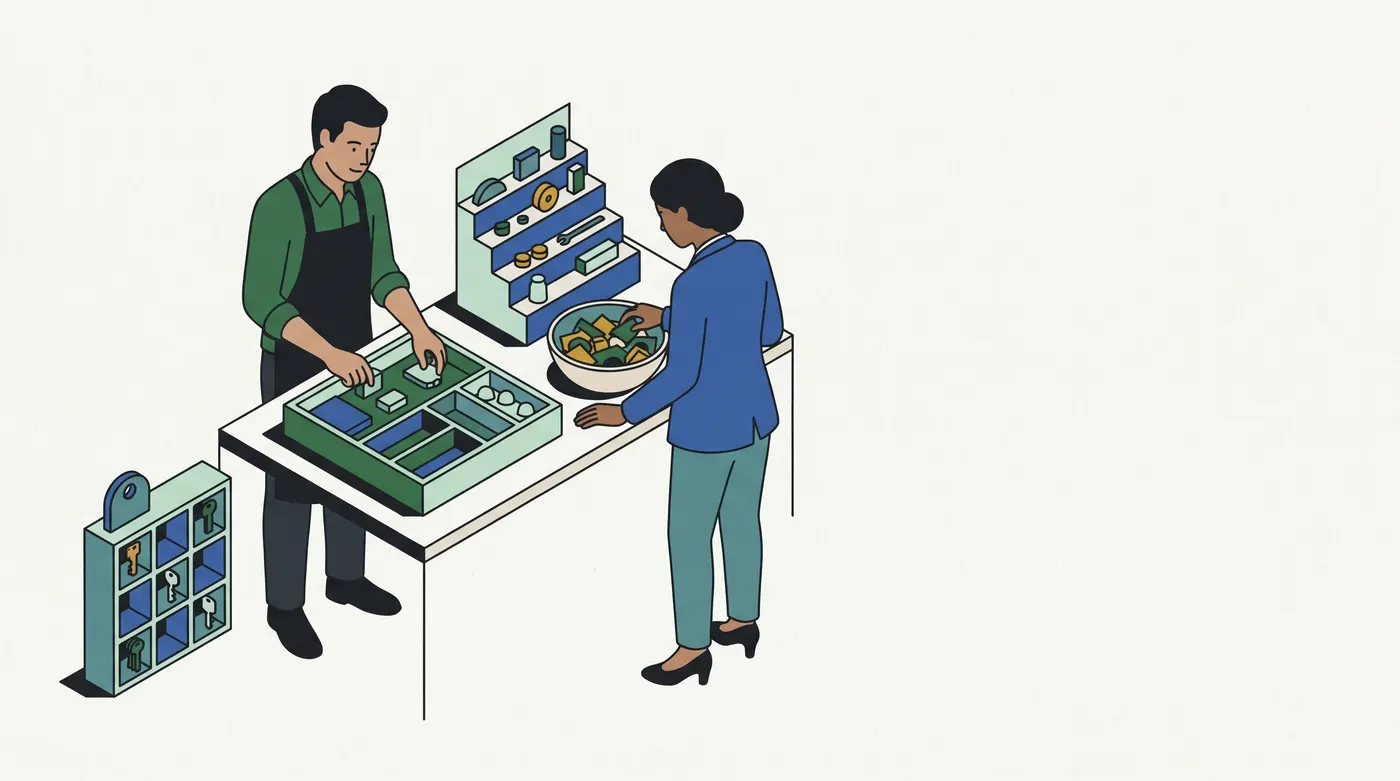 two people work at one bench. A man in an apron sorts pieces into a compartmented tray; beside it stands a stepped display with items on each step; a woman reaches into a bowl of loose, mixed pieces; on the floor stands a small rack of cubbies, each holding a key.