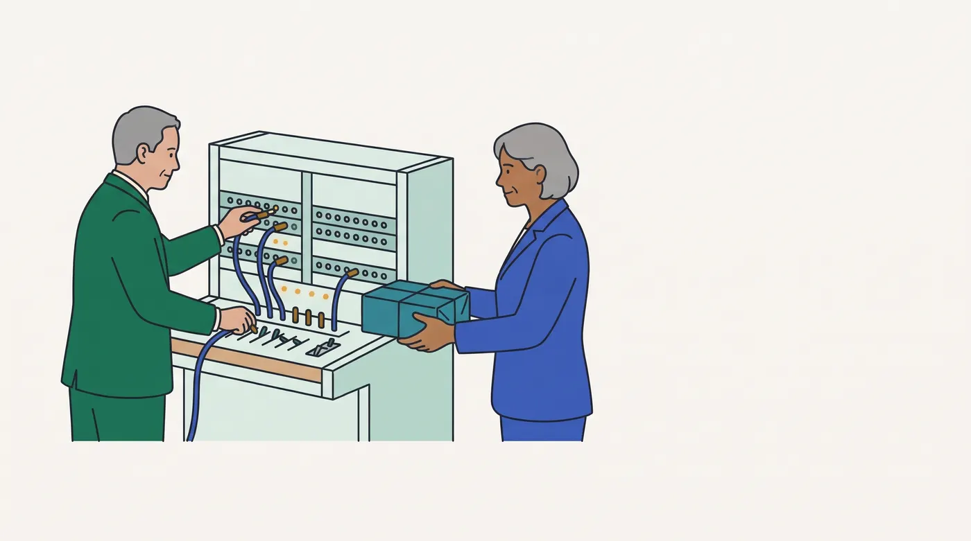 a man in a green suit plugs patch cords into a manual telephone switchboard; a woman in a blue suit stands beside it holding out a wrapped teal parcel. (The asset map's alt text says "two operators at opposite ends"; the image shows one operator at the board and the second person next to it with the parcel.)