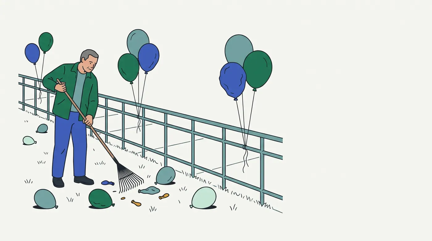 a groundskeeper clears loose, fallen balloons while several old balloons stay tied by thin cords to a permanent railing.