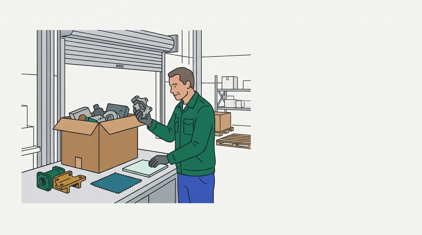 Under a raised roller shutter, a man in a green jacket lifts a grey metal part from a delivered box beside four sample items laid out on the counter.