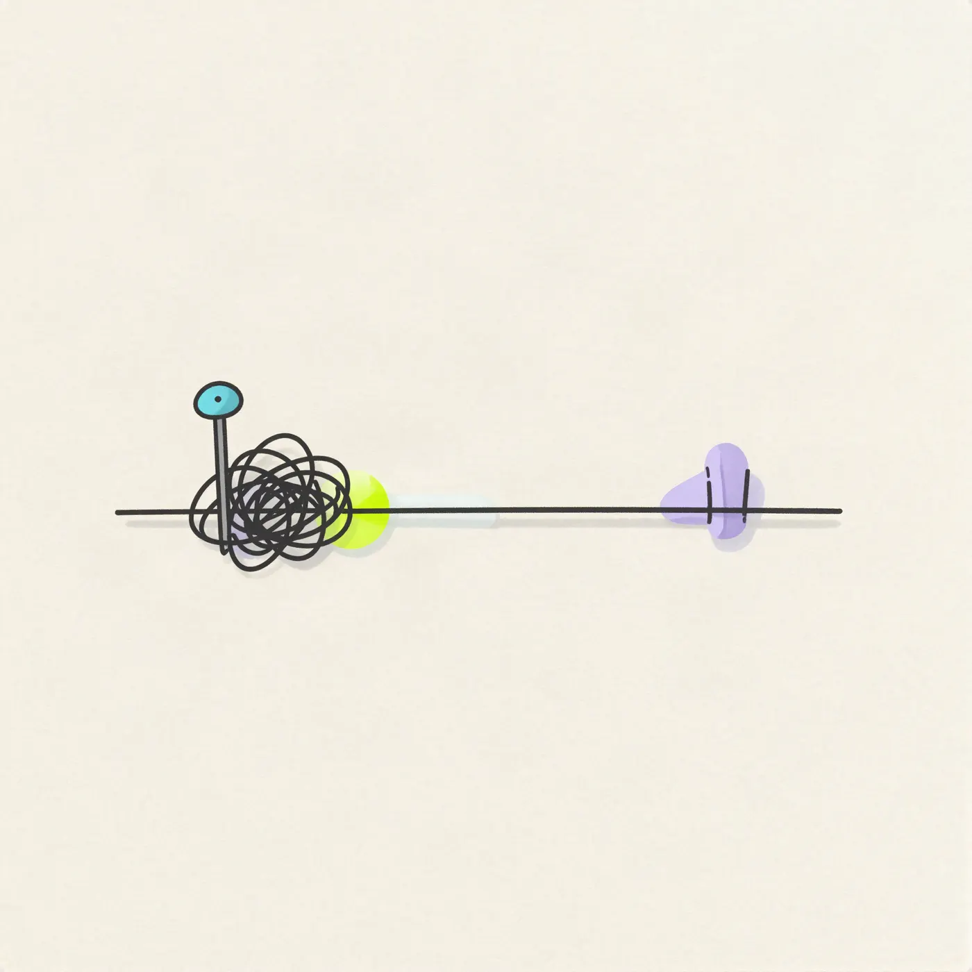 on a cream page, a single straight line runs left to right. At its left end the line is knotted into a tangled scribble, held by a cyan-headed pin; a lime dot and a pale strip sit just after the tangle, where the line runs straight again, and a lavender stone near the right end has two short marks on it.