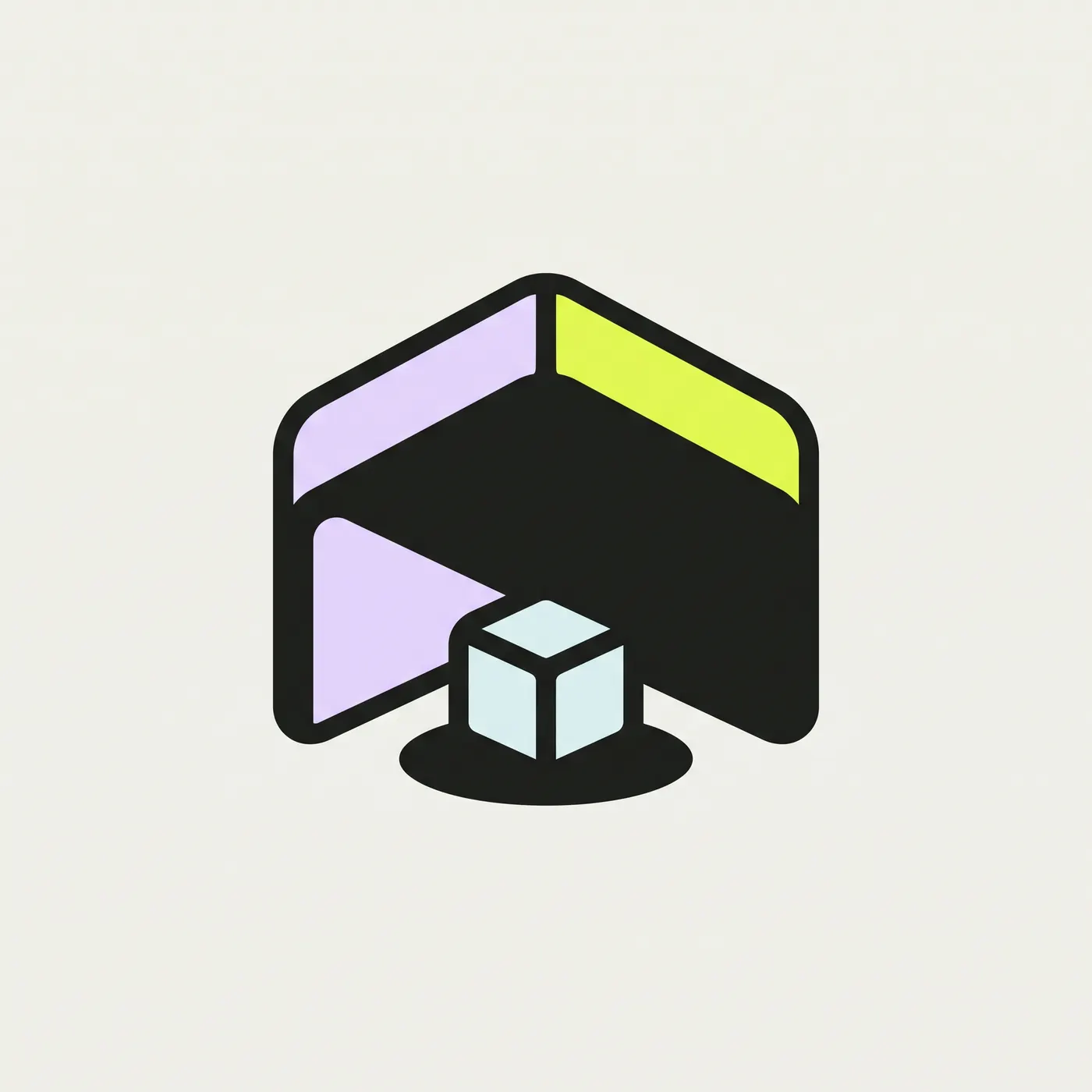 a flat icon on a pale background: a charcoal canopy, with lavender and lime panels, sheltering a small pale-cyan cube.