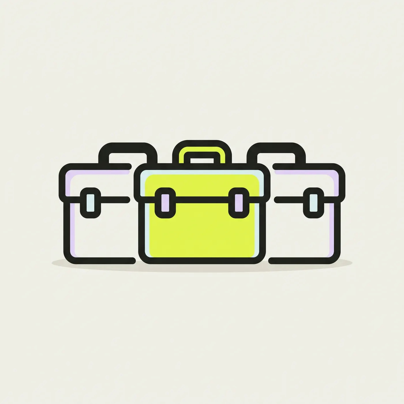three closed toolcases stand side by side on a pale background, the middle one lime and slightly in front, the outer two white with lavender edges; nothing is labelled.