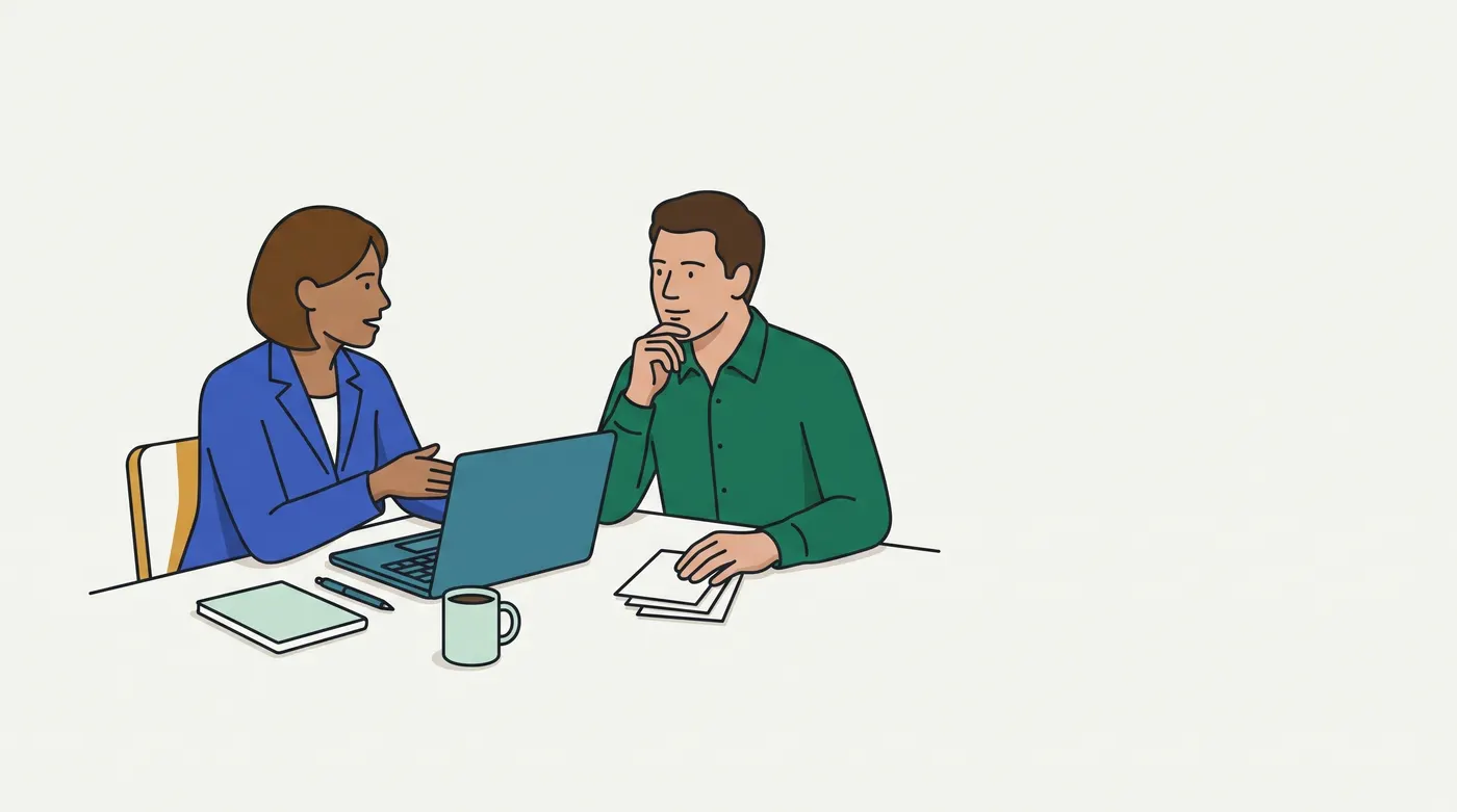 a woman in a blue blazer gestures at an open laptop and speaks, while a man in a green shirt listens with his hand on his chin.