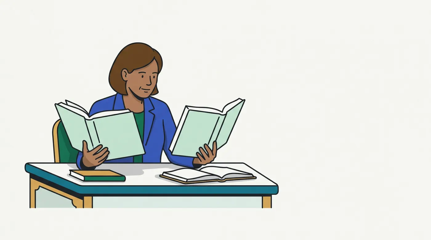 A woman at a library desk holds two open books side by side, comparing them; their pages are blank, and two more books lie on the desk.
