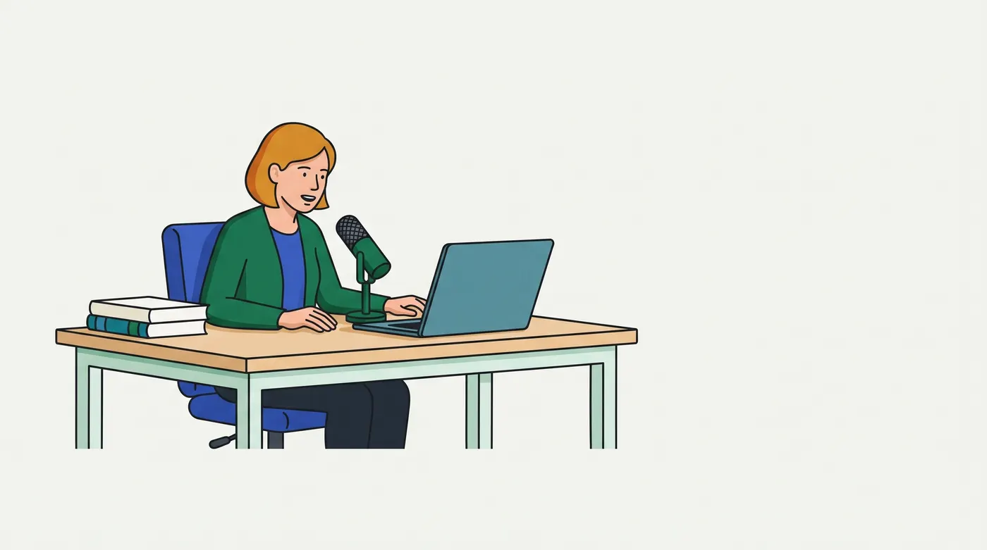 A woman at a desk speaks into a desktop microphone, a laptop open in front of her and two books beside her.