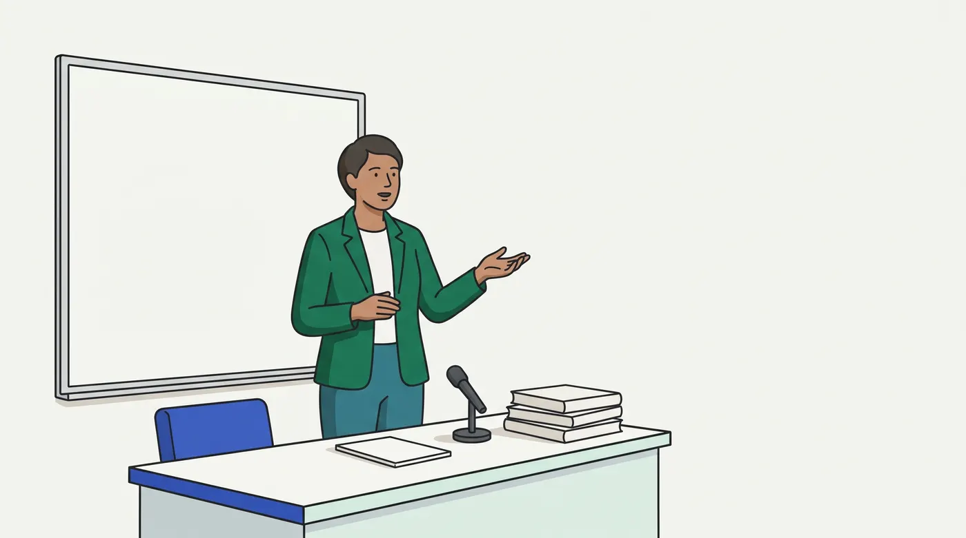 a woman in a green jacket explains with an open palm in front of a blank whiteboard, with a small microphone and a stack of books on the desk.